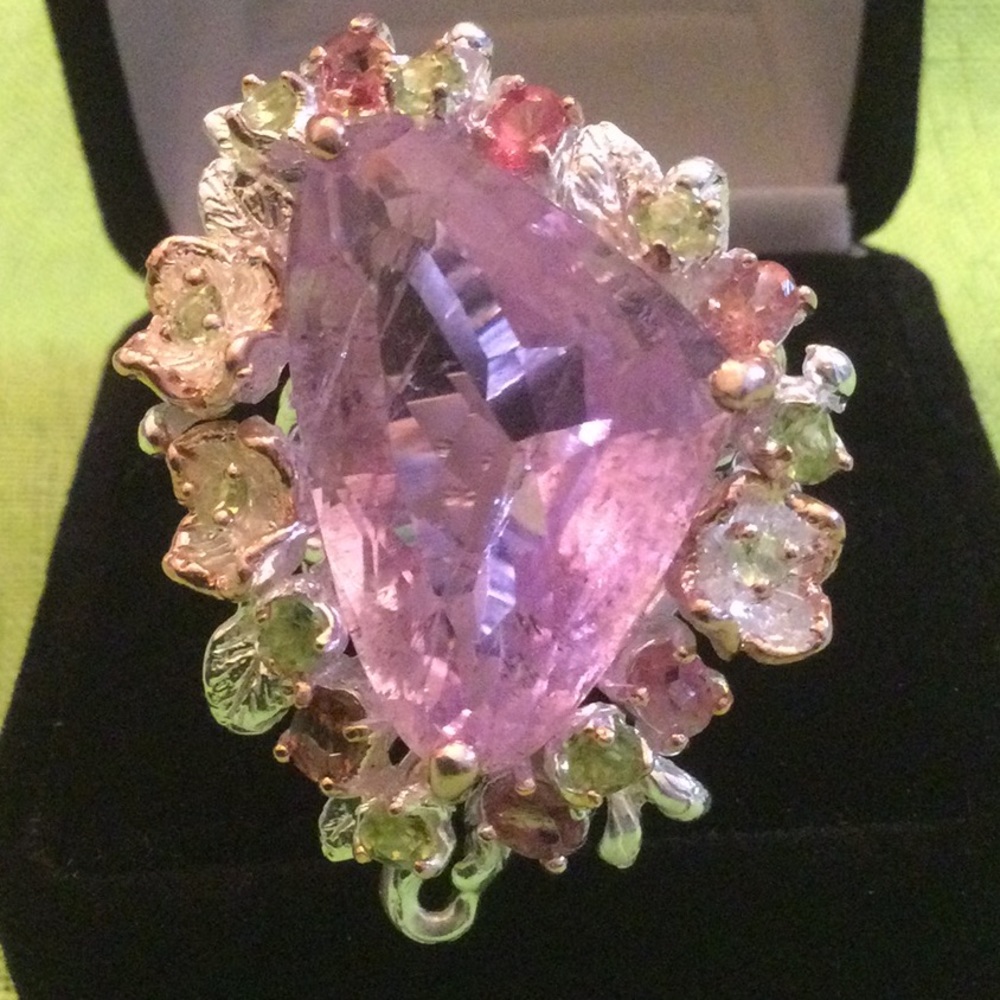 Magnificent Huge Genuine Kunzite & Tourmaline Ring, Rare Dreamscape Facet - Picture 5 of 12